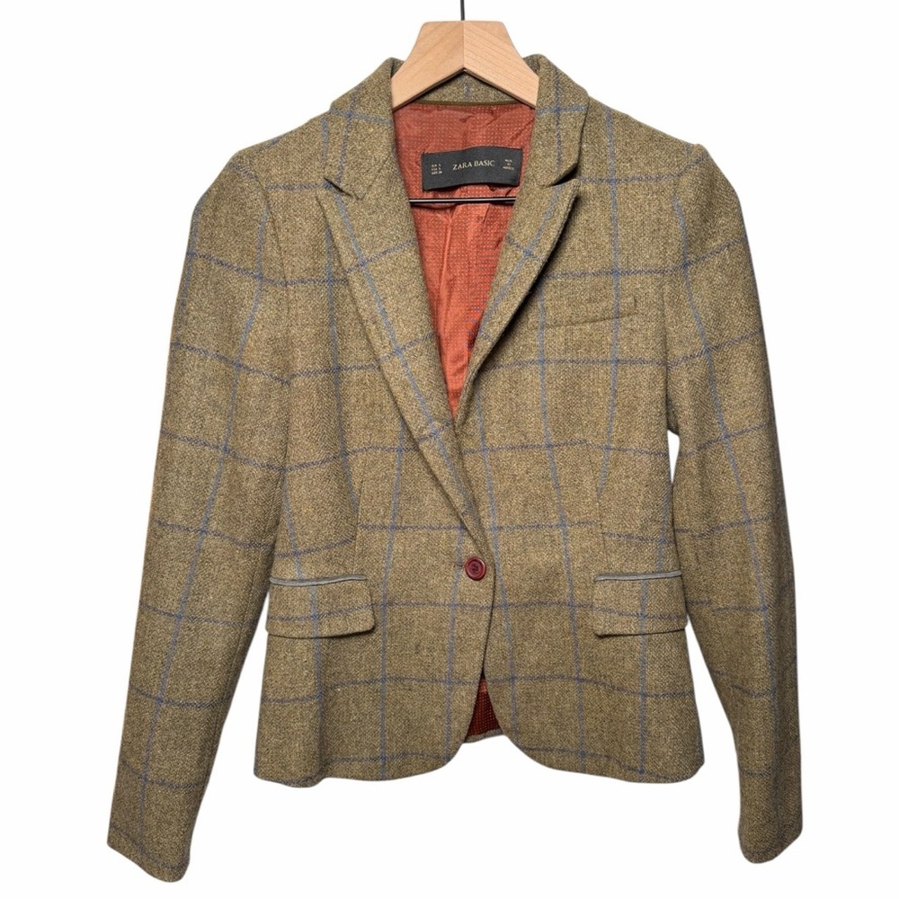 ZARA BASIC Green Plaid Lambswool Riding Jacket S Portugal Equestrian Blazer